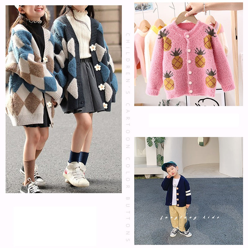 Children’s sweaters featuring flower resin buttons at the chest and sleeves