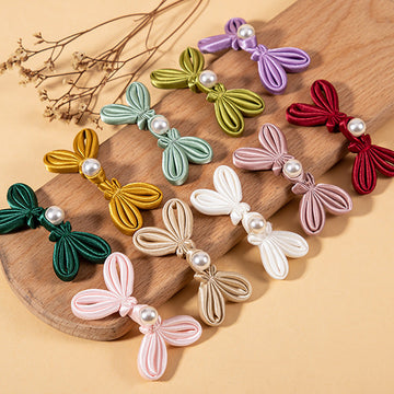 10-pack bowknot knot buttons: satin ribbon bows with pearl centers, assorted colors