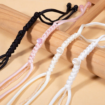Snake-knot braided cord set with crystal beads, black and pink and white