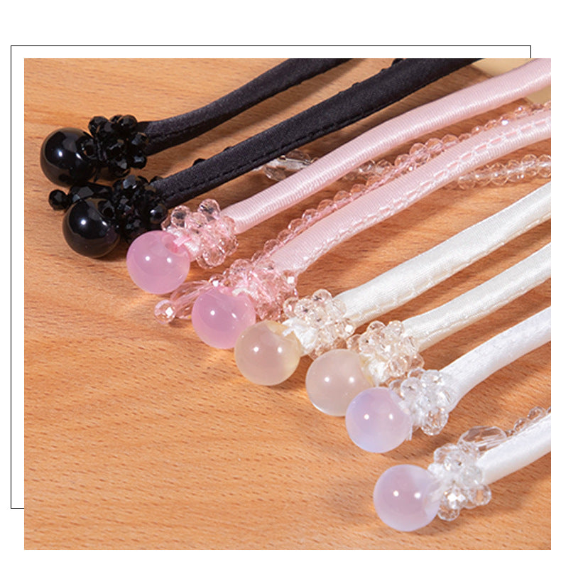 Snake-knot braided cords with crystal bead ends: black, pink and white