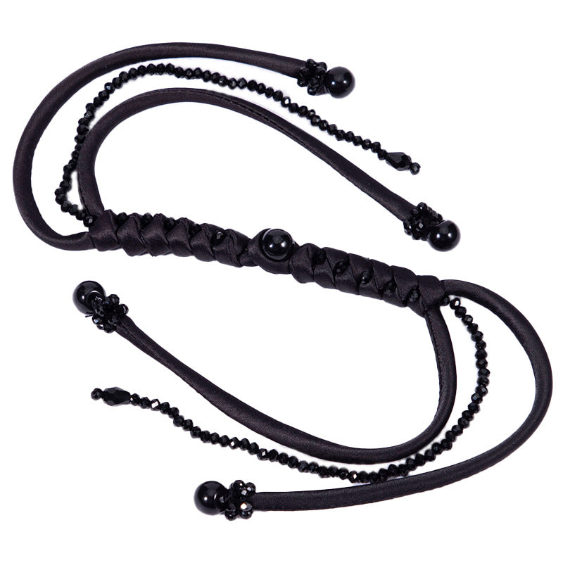 Black snake-knot braided cords with bead ends and crystal accents