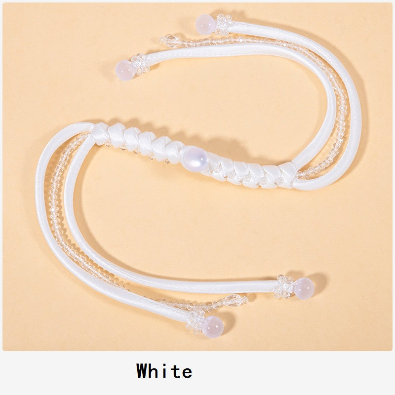 White snake-knot braided cord set with crystal beads and ribbon-like knots