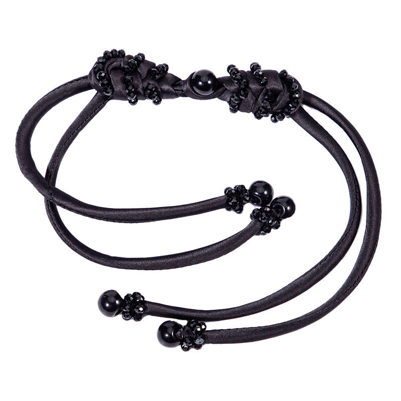 39cm Pipa crystal whip Chinese knot buttons, 4pcs in black with glossy bead accents