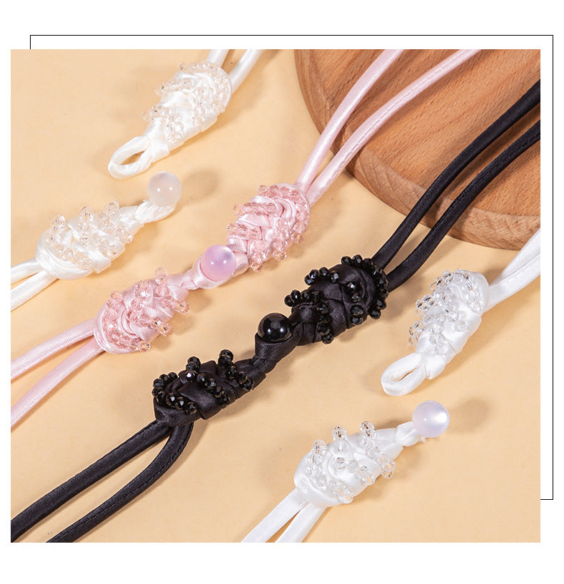 39cm Pipa crystal whip Chinese knot buttons, 4pcs set in white, pink, black and light pink