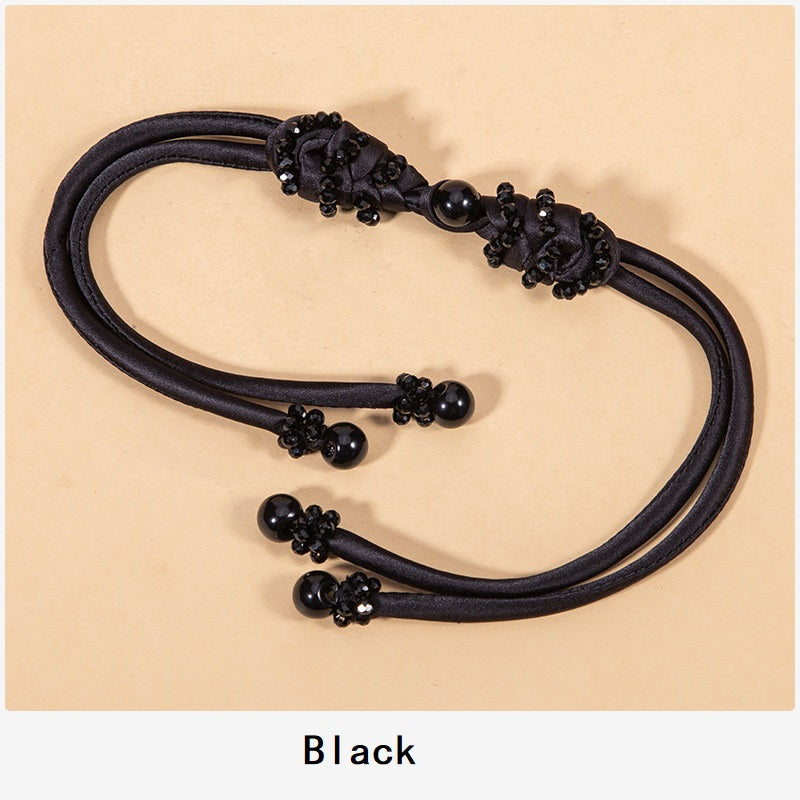 39cm Pipa crystal whip Chinese knot buttons, 4pcs in black with round bead clusters