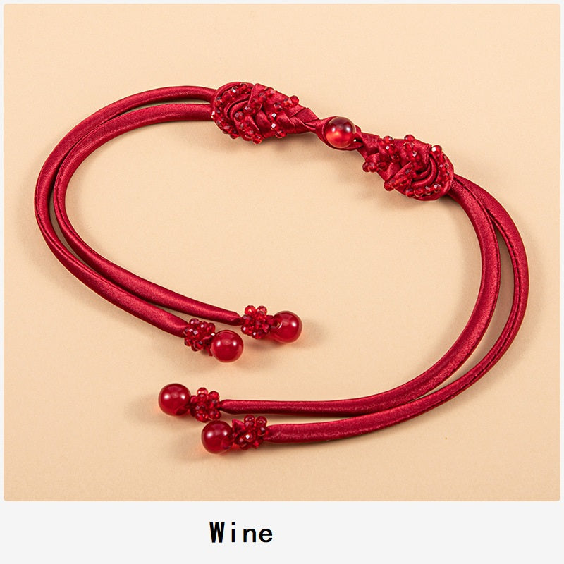 39cm long-tail pipa crystal whip, wine red satin cord, bead knots (4pcs)