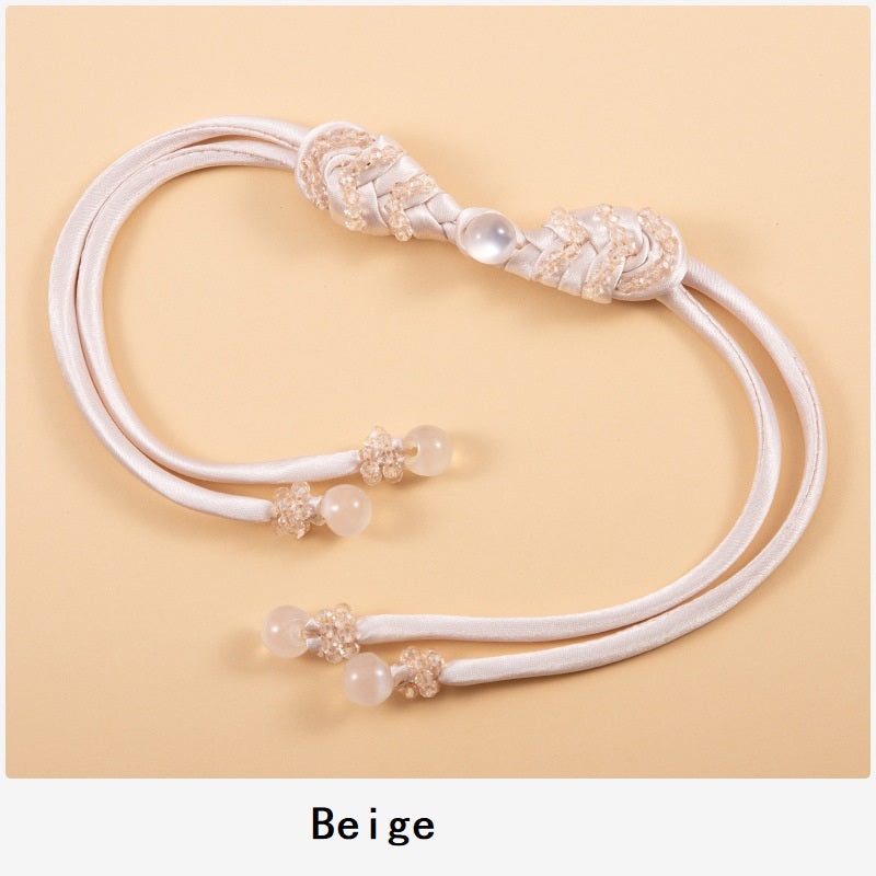 39cm long-tail pipa crystal whip, beige satin cord, crystal bead knots (4pcs)