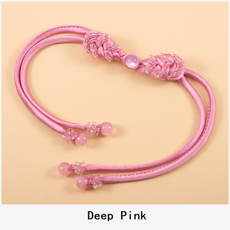39cm long-tail pipa crystal whip, deep pink satin cord, crystal bead knots (4pcs)