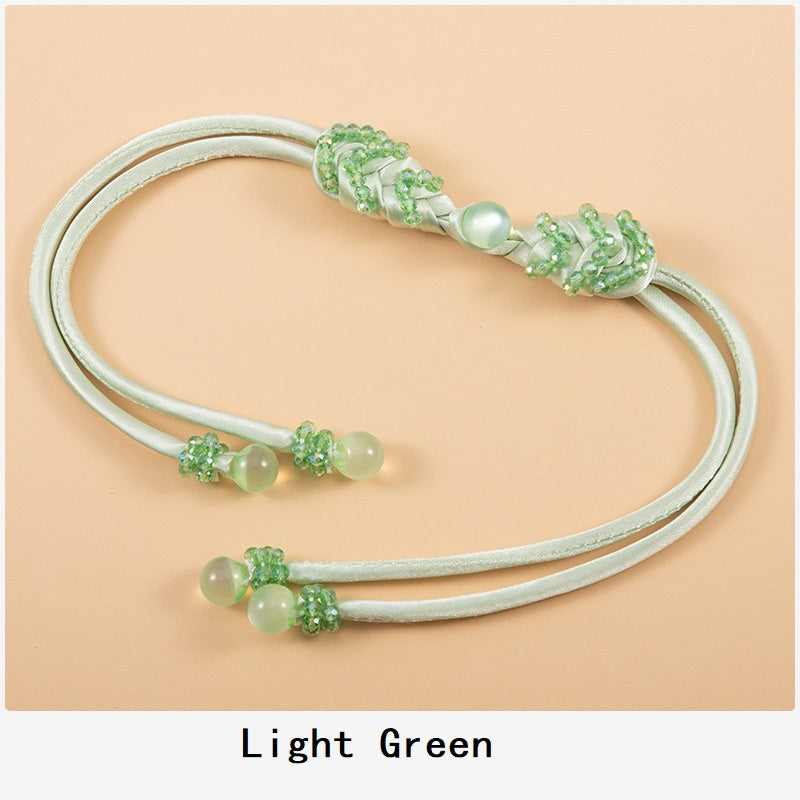 39cm long-tail pipa crystal whip, light green satin cord, crystal bead knots (4pcs)