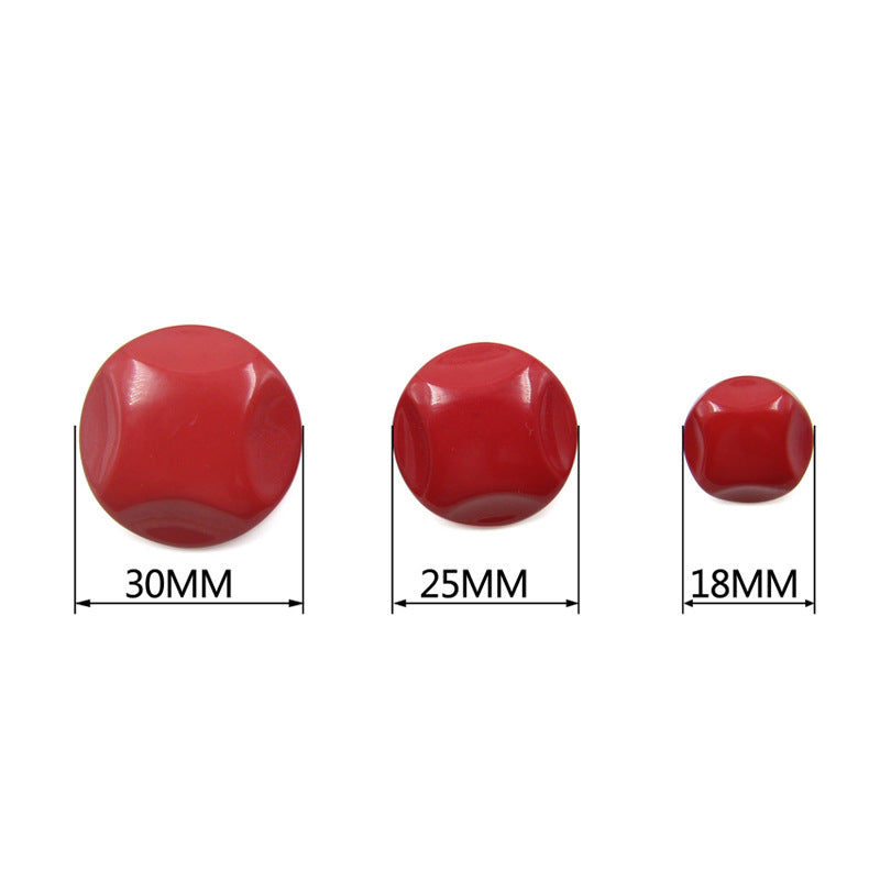 Round resin shank buttons with size markers: 18 mm, 25 mm, 30 mm, red set