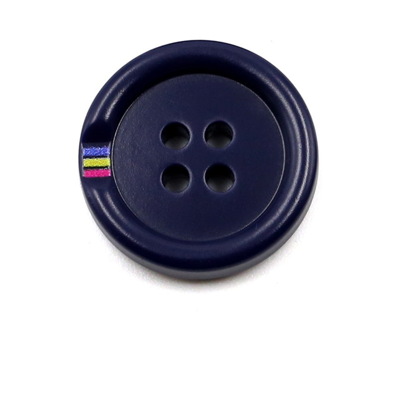 Navy four-hole round resin button with colorful print stripe