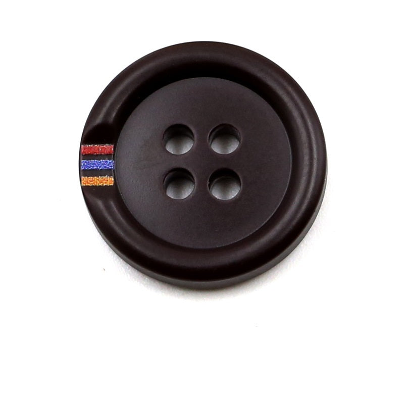 Dark brown four-hole round resin button with colorful print stripe