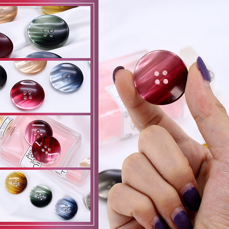 Held red gradient pearlescent resin round button, 4-hole, 15–30mm