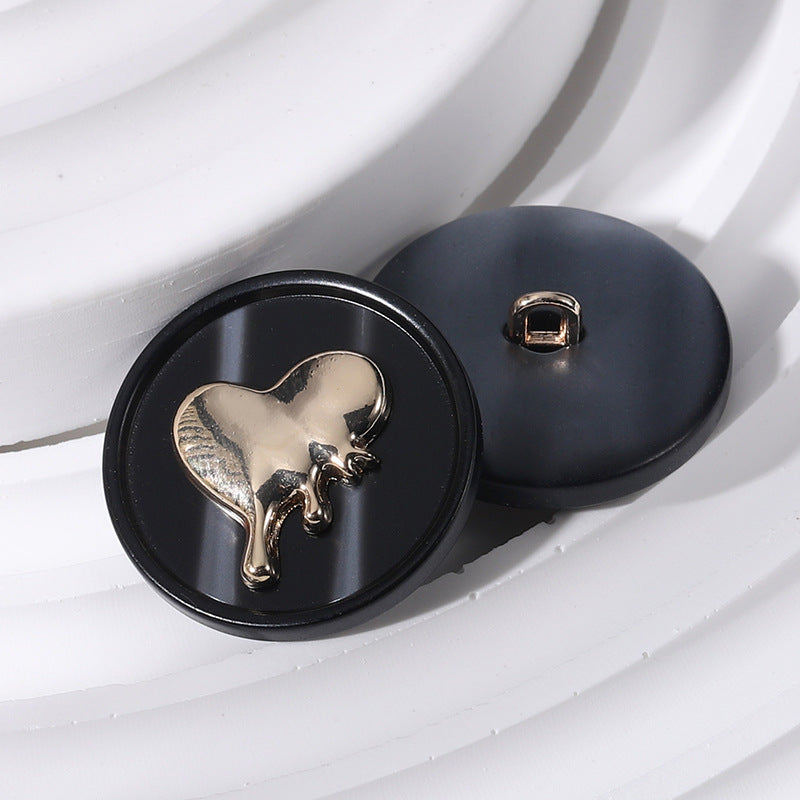 Black round resin heart button with silver-toned heart, back pin shown, 18–25mm