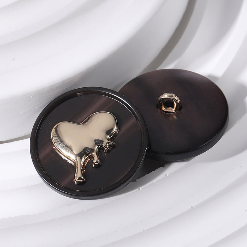 Deep coffee brown round resin heart button with silver-toned heart, 18–25mm