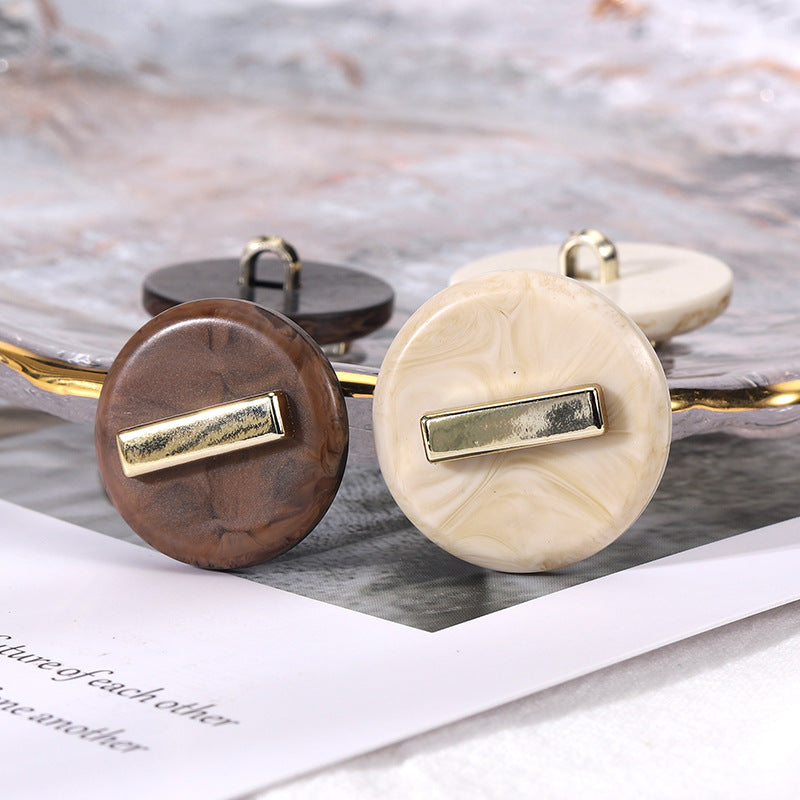 Set of beige and coffee round resin buttons with gold-tone rectangular fronts