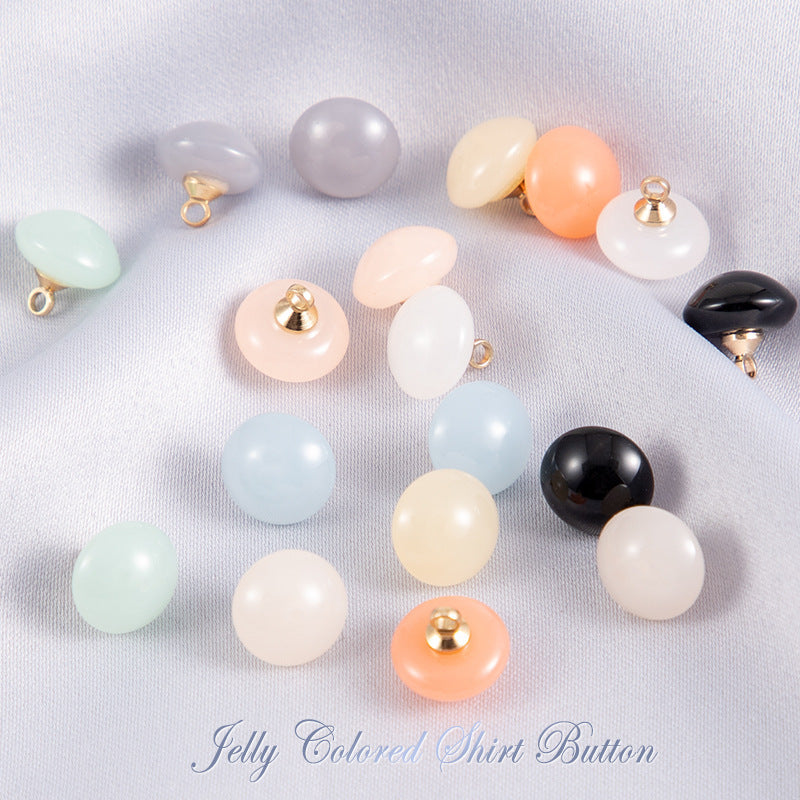 Mixed jelly-colored resin round shirt buttons with gold-tone shanks in pastel and dark colors