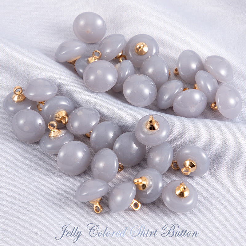 Gray round resin shirt buttons, gold-tone loop shank, 2-hole, 50 pcs