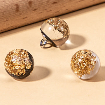 Gold resin pearl button with glitter foil, metal loop shank, round 10mm