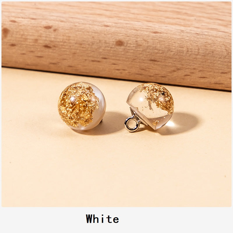 White resin pearl buttons with gold glitter foil flecks and metal loop shank