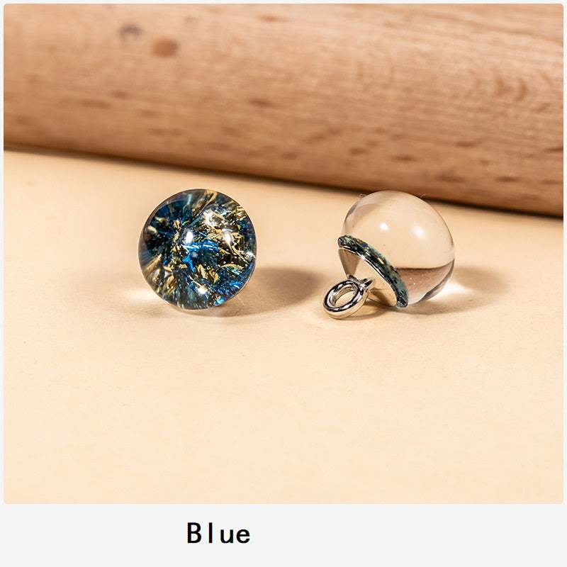 Blue resin pearl buttons with gold glitter foil flecks and metal loop shank