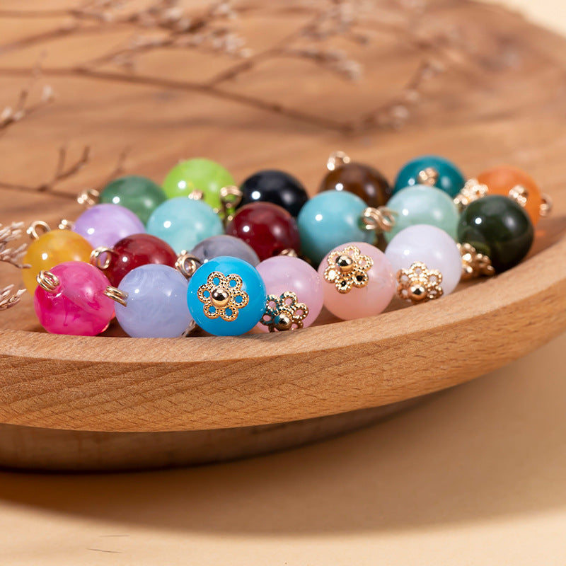Colorful 10mm acrylic bead cheongsam buttons, gold flower caps, round, 63 pack