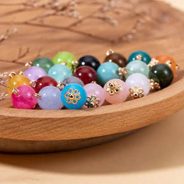 Colorful 10mm acrylic bead cheongsam buttons, gold flower caps, round, 63 pack