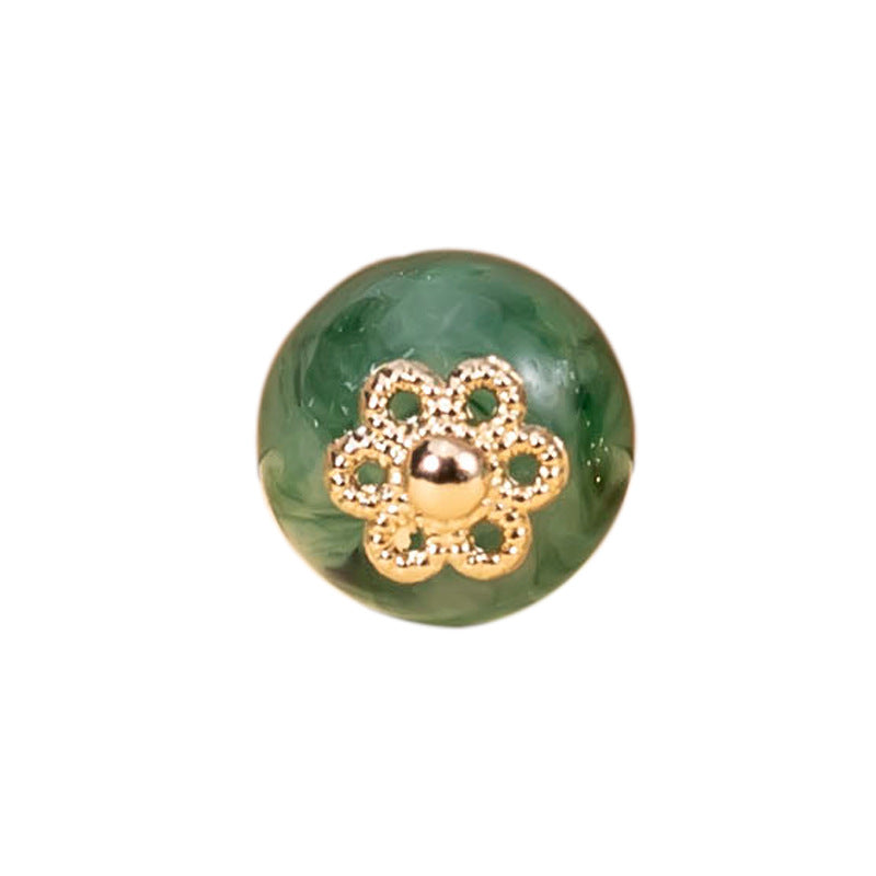 Green 10mm acrylic bead cheongsam button, gold-tone floral cap, round with loop