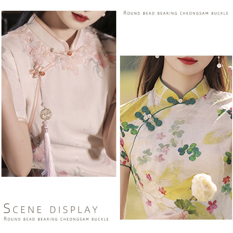 Chinese cheongsam blouse with round cat’s eye stone button accents