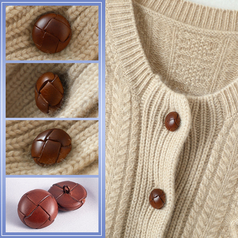 Dark brown leather sweater buttons with stitched cross-panel design, loop shank look
