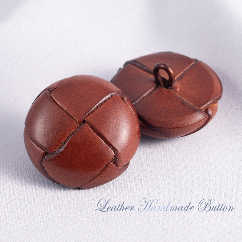 Dark brown leather sweater buttons with stitched panels and loop shank (pair)
