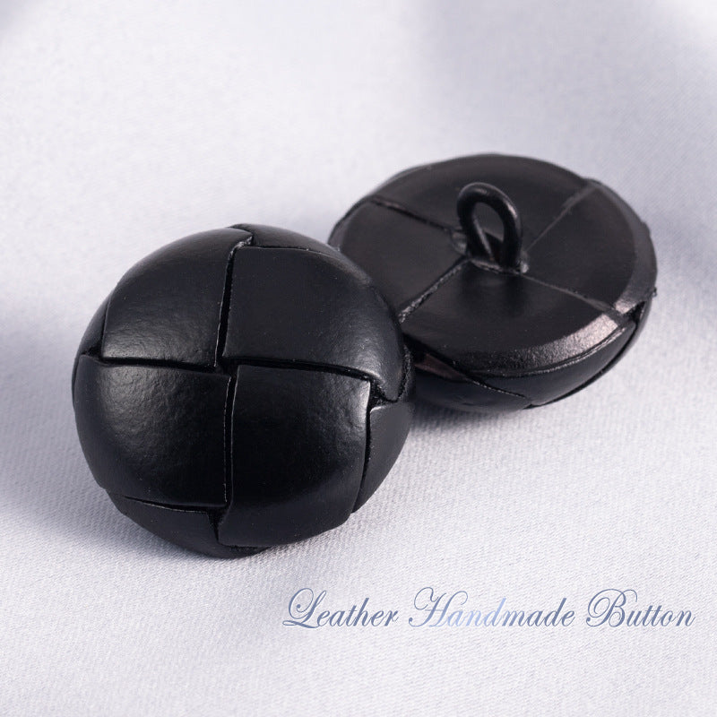 Black leather sweater buttons with stitched panels and loop shank (pair)