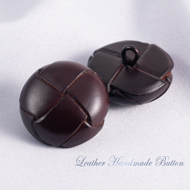 Deep coffee leather sweater buttons with stitched panels and loop shank (pair)
