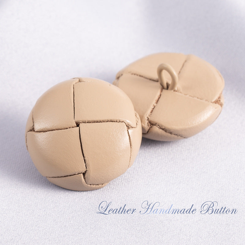 Khaki leather sweater buttons with stitched panels and loop shank (pair)