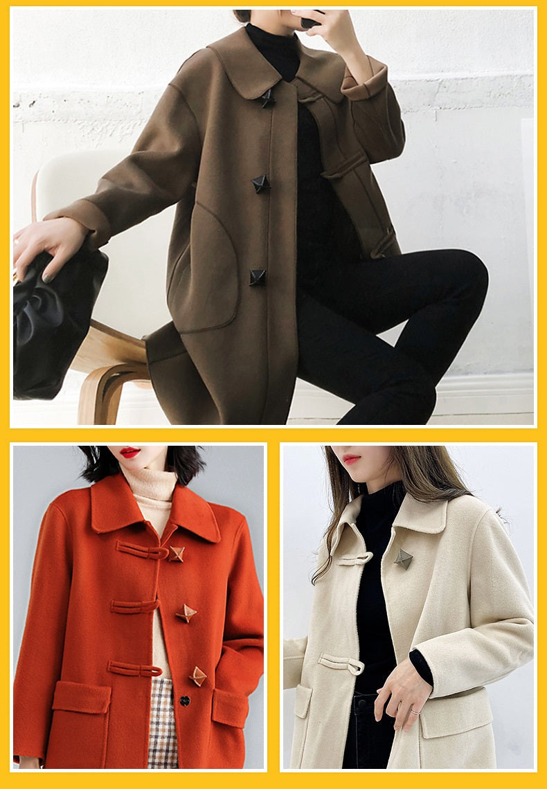 Women’s coat styling with rhombus leather buttons on front and lapel