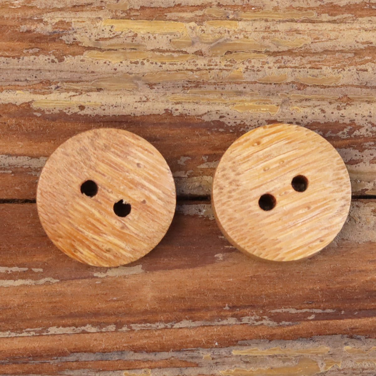 Natural bamboo two-hole buttons set of two, light tan rounds with two holes