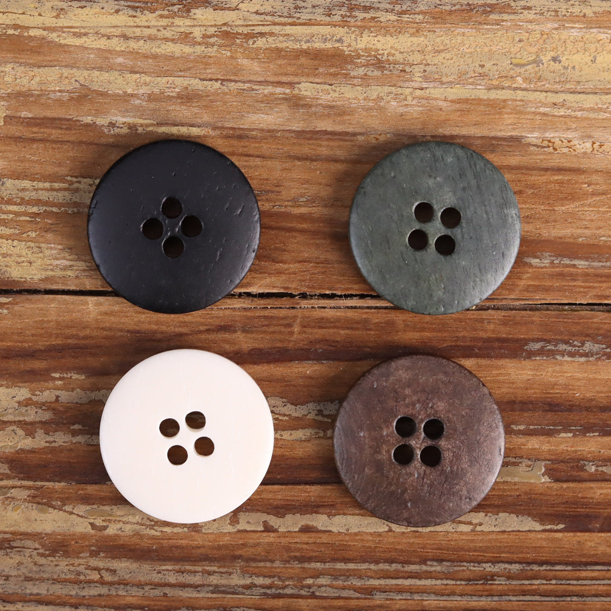Four-hole distressed buttons, dark and gray-green and white and coffee colors