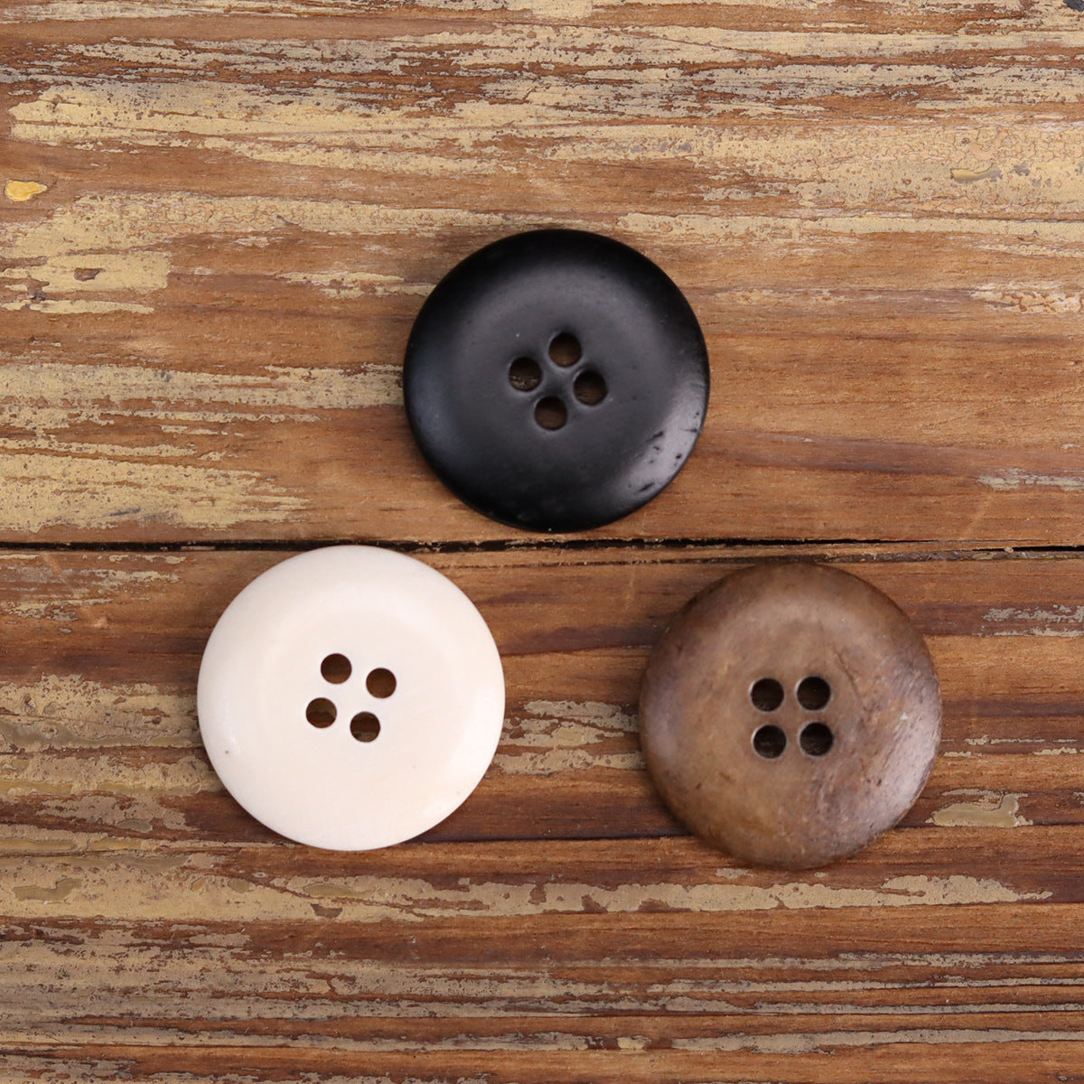 4-hole bowl-shaped bone buttons in black, white, and coffee; distressed finish