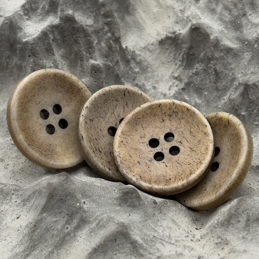 Distressed natural bone-look buttons, 4-hole, khaki-beige, round