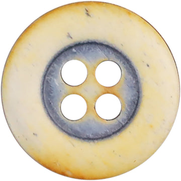 Round bovine bone button, 4-hole, tan with blue-gray ring, rounded edge