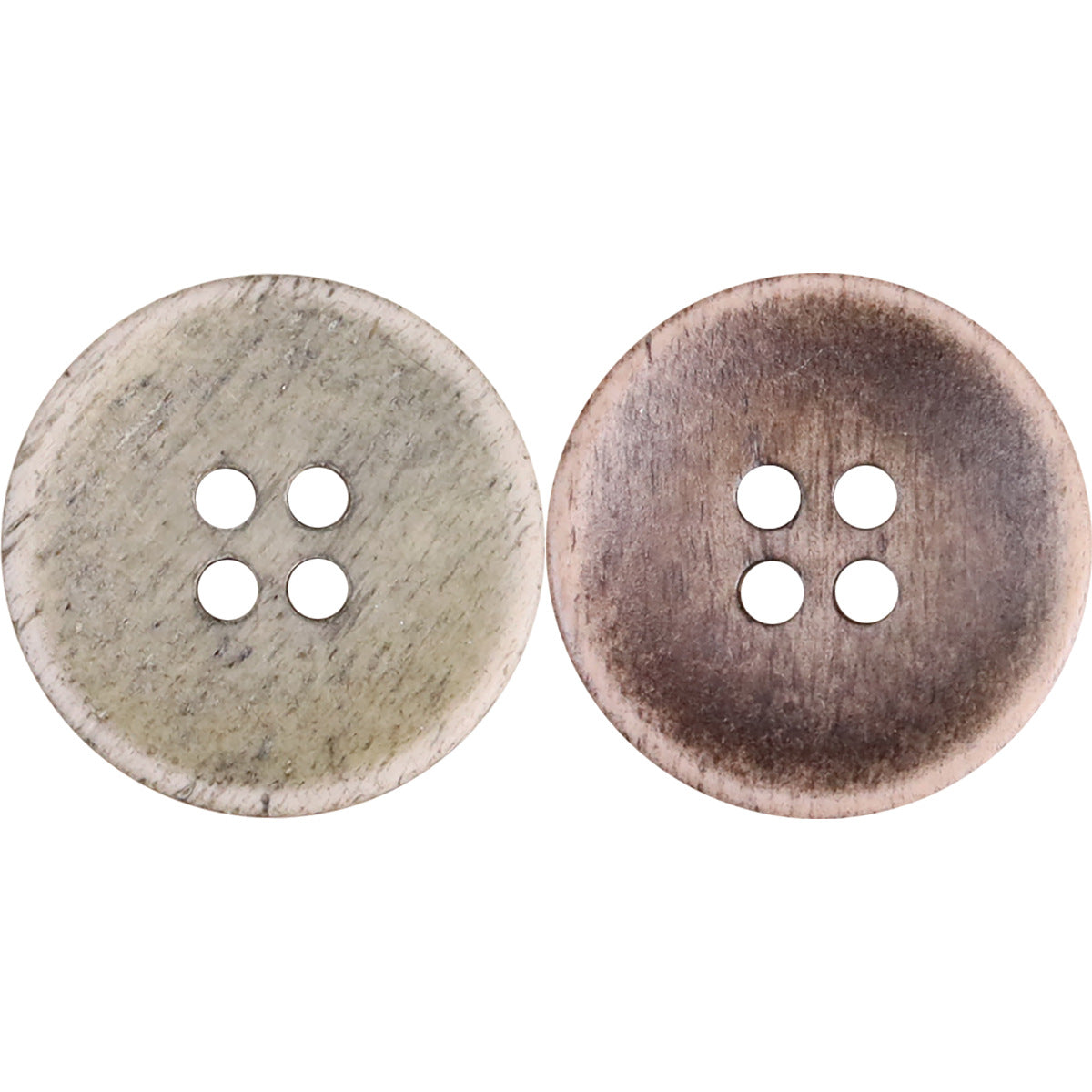 Shallow bovine bone buttons, textured, four holes; light and coffee-brown pair