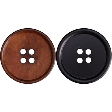 Black four-hole flat button, smooth rim, front view with four holes.