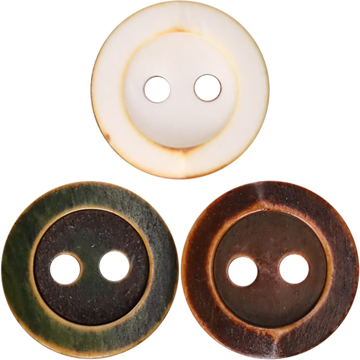 Assorted round two-hole shirt buttons in white, green, and brown with bone-style finish