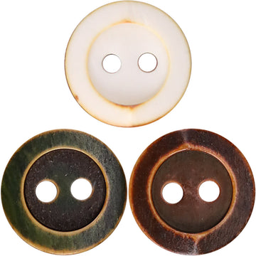 Assorted round two-hole shirt buttons in white, green, and brown with bone-style finish