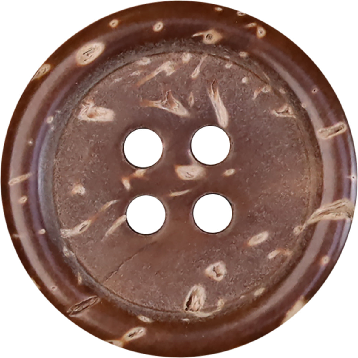 Dark brown coconut shell button, round 4-hole design, natural veining and texture