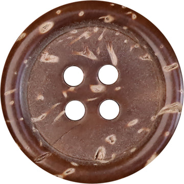 Dark brown coconut shell button, round 4-hole design, natural veining and texture