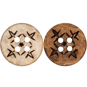 2-tone round wood buttons with plum blossom engraved pattern and four holes