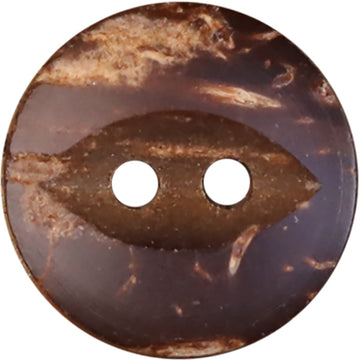 Dark coffee fish-eye coconut shell button with two holes, close-up.