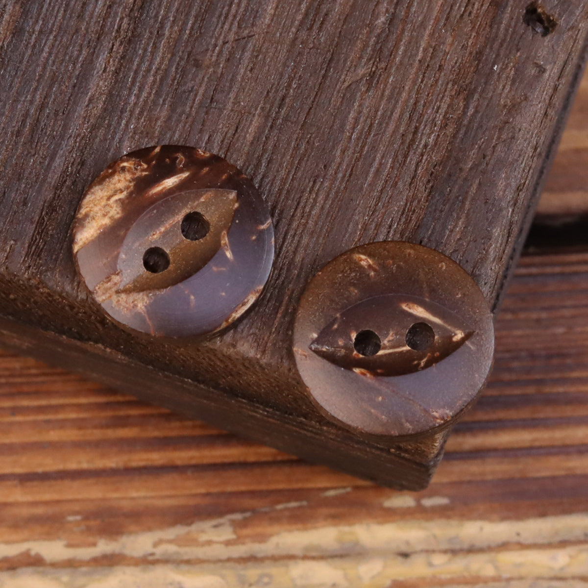Pair of dark coffee fish-eye coconut shell buttons with two holes, side view.
