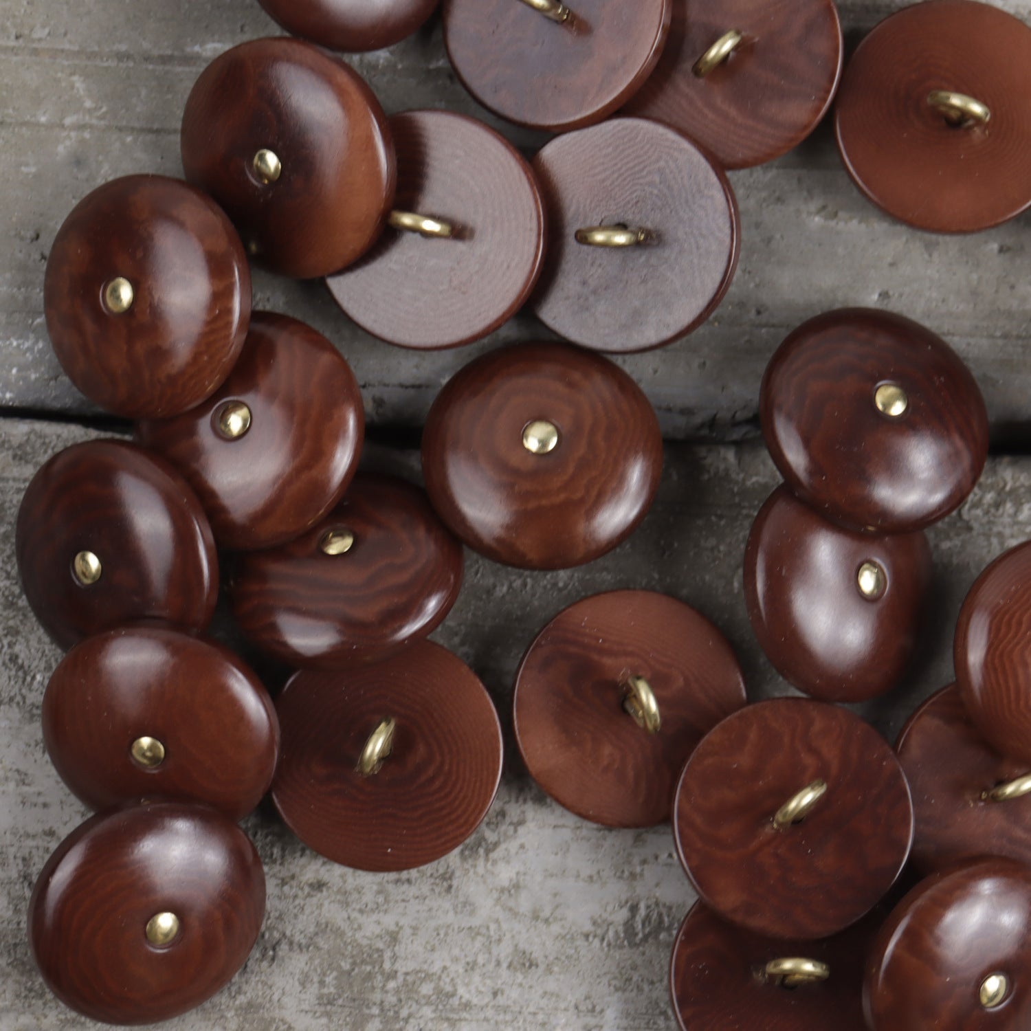 Natural palm nut shank buttons in dark brown, round faces with brass shanks.